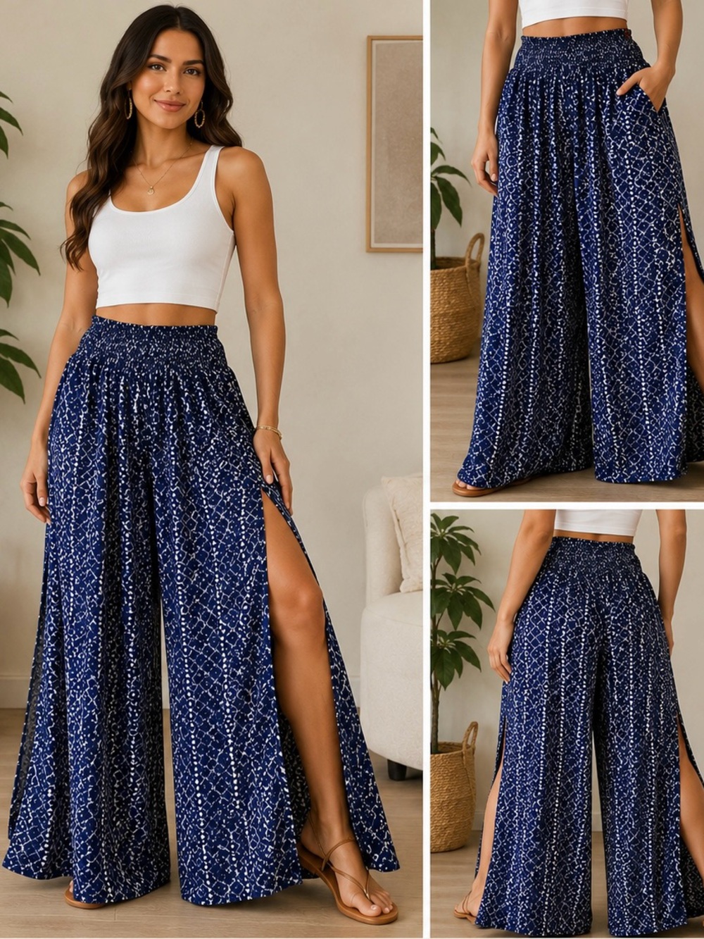 Mudd Navy Geometric Wide-Leg Palazzo Pants
